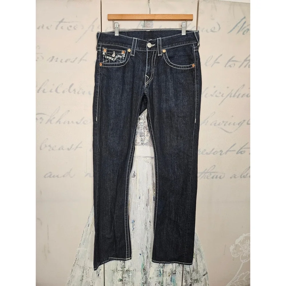 True Religion Super T Straight Leg Jeans 31 Dark Blue White Thick Stitch Y2K